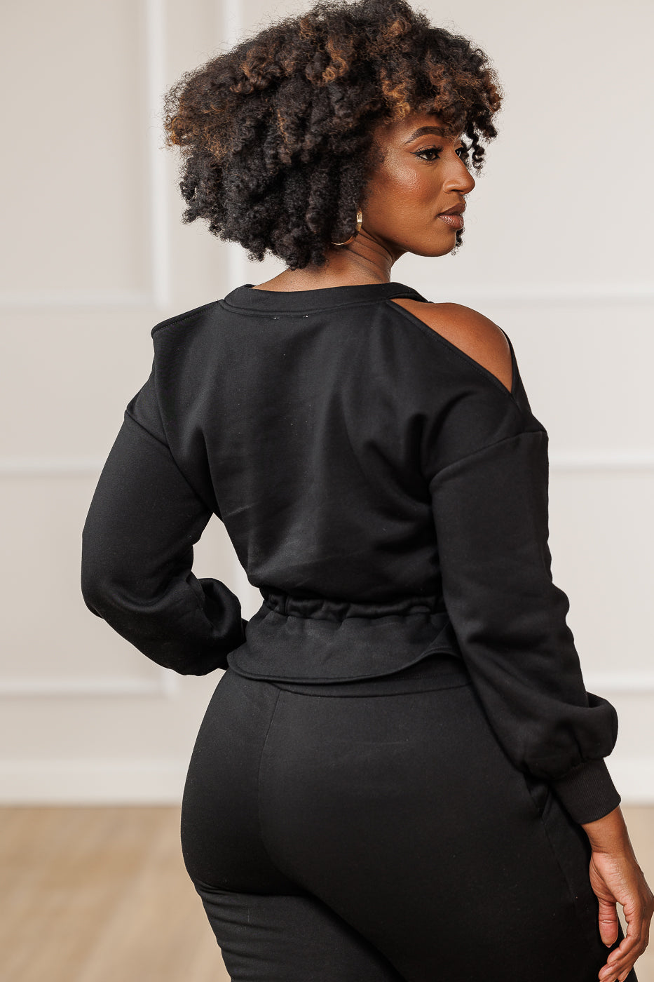 Calia Fleece Cold Shoulder Peplum Top - Black
