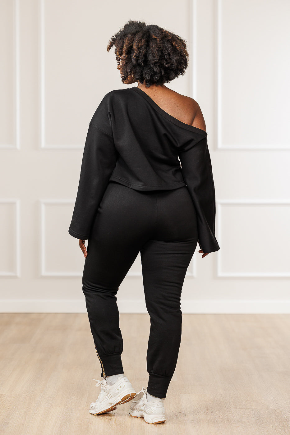 Raya Fleece Off Shoulder Asymmetric Top - Black