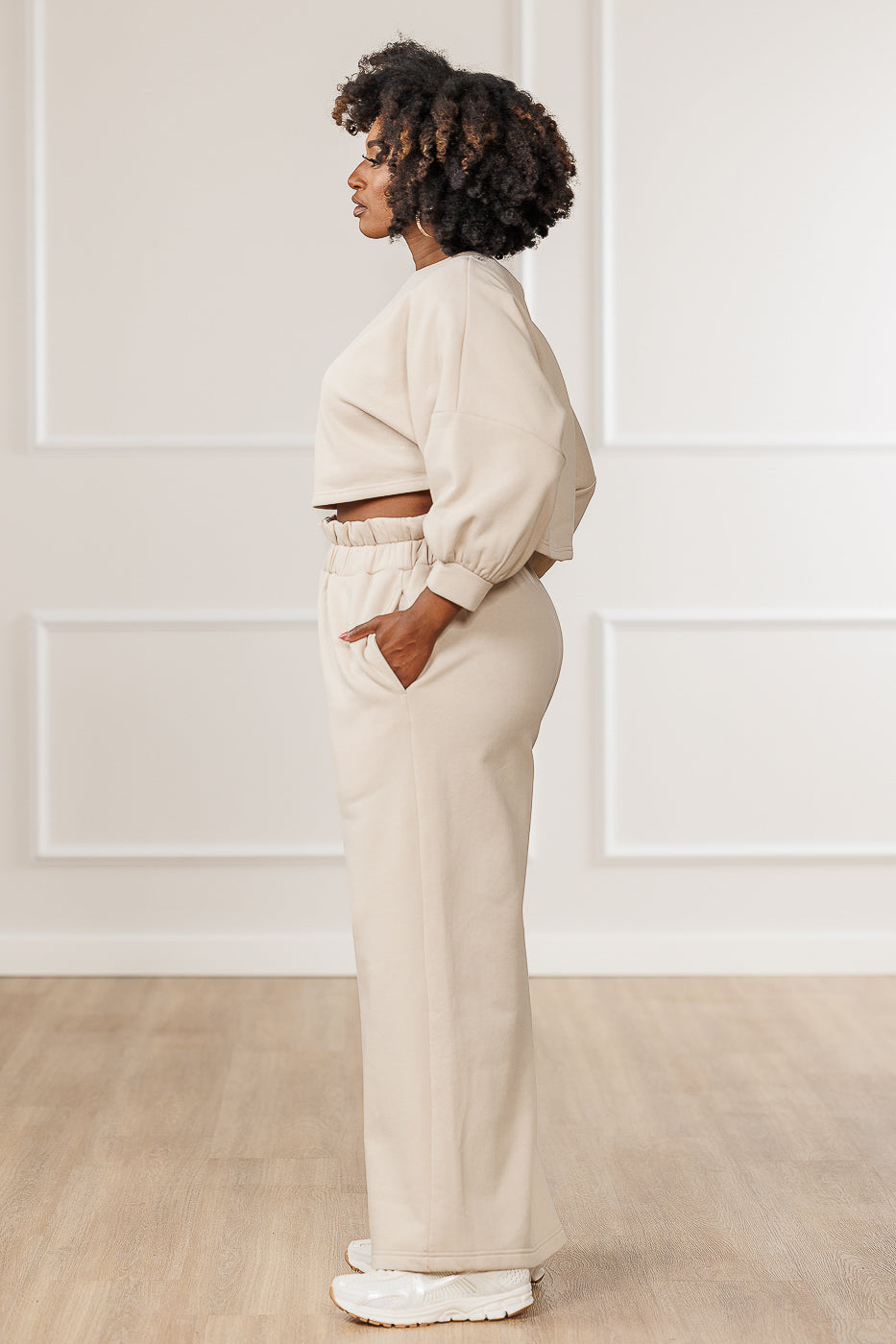 Stellan Fleece Dropped Shoulder Crop Top - Cream