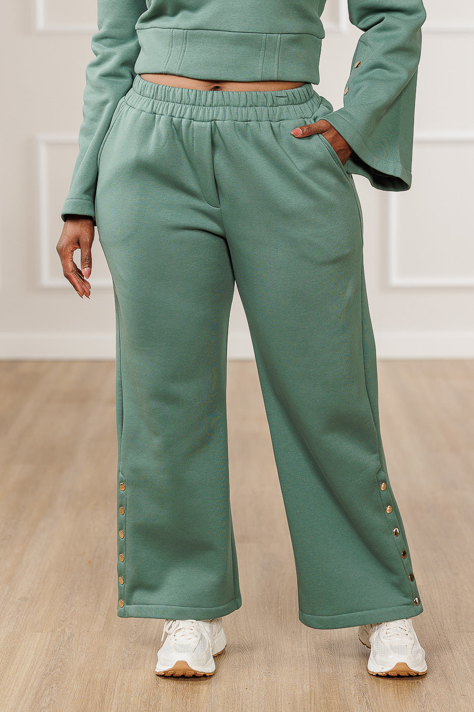 Leila Fleece Wide Side Snaps Pants - Teal