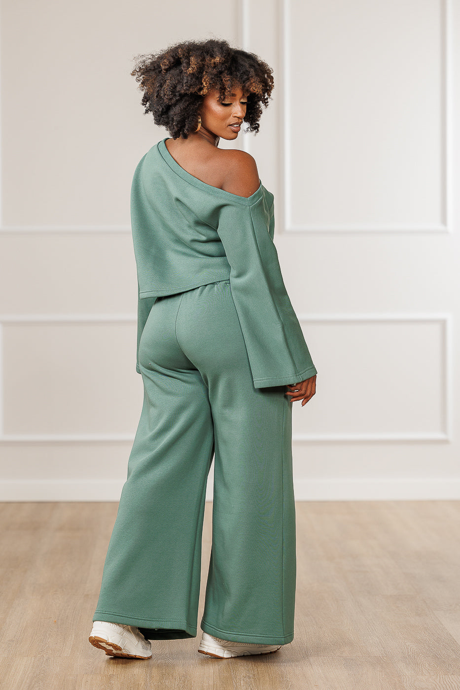Raya Fleece Off Shoulder Asymmetric Top - Teal