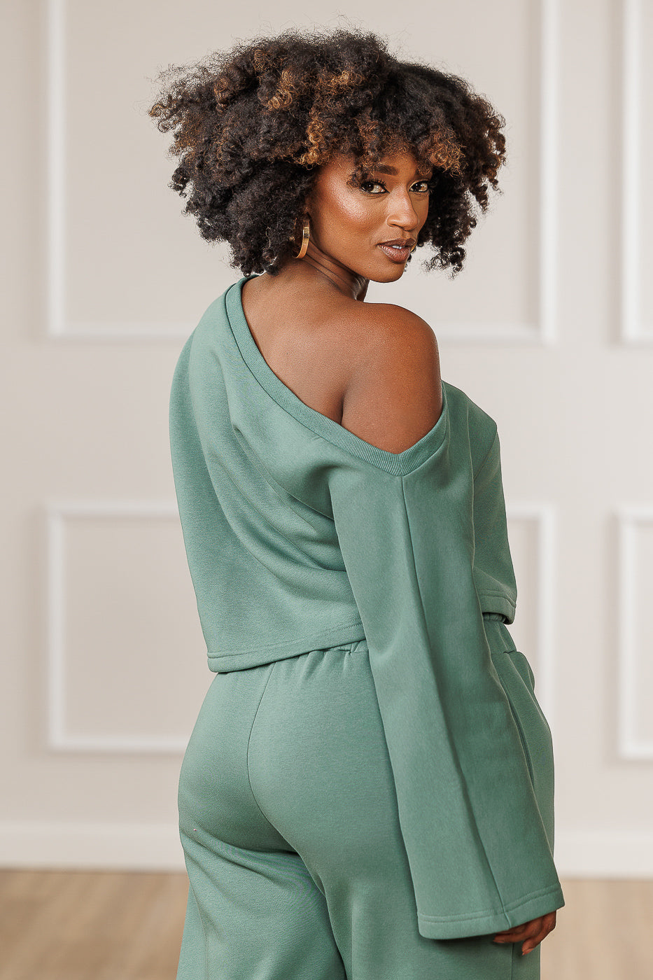Raya Fleece Off Shoulder Asymmetric Top - Teal