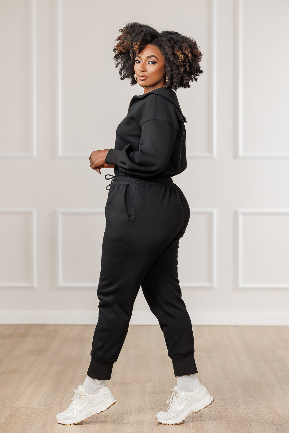 Sutton Fleece Puffed Sleeve Jumpsuit - Black