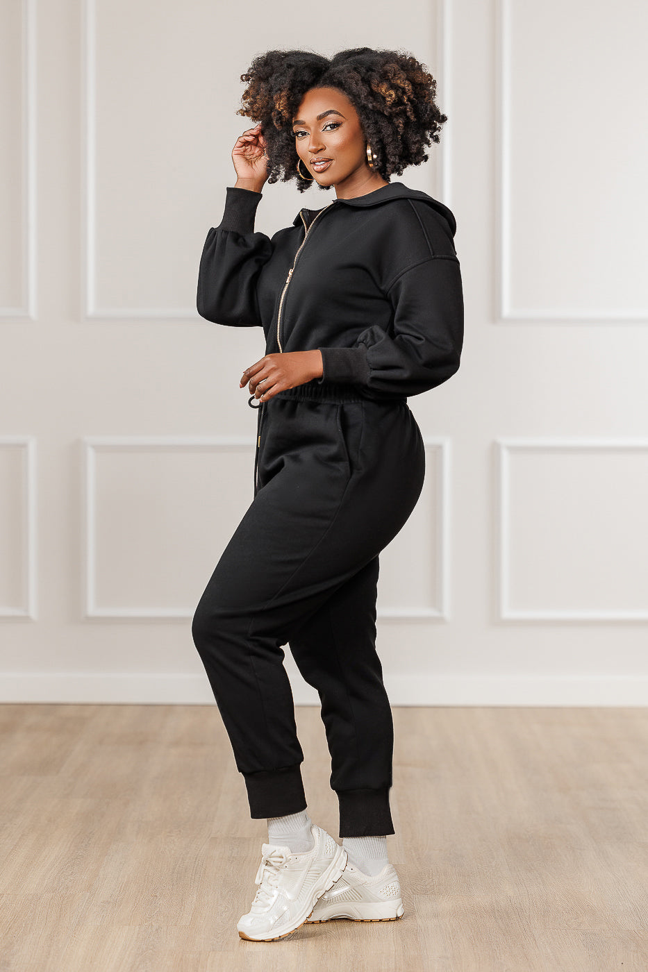 Sutton Fleece Puffed Sleeve Jumpsuit - Black