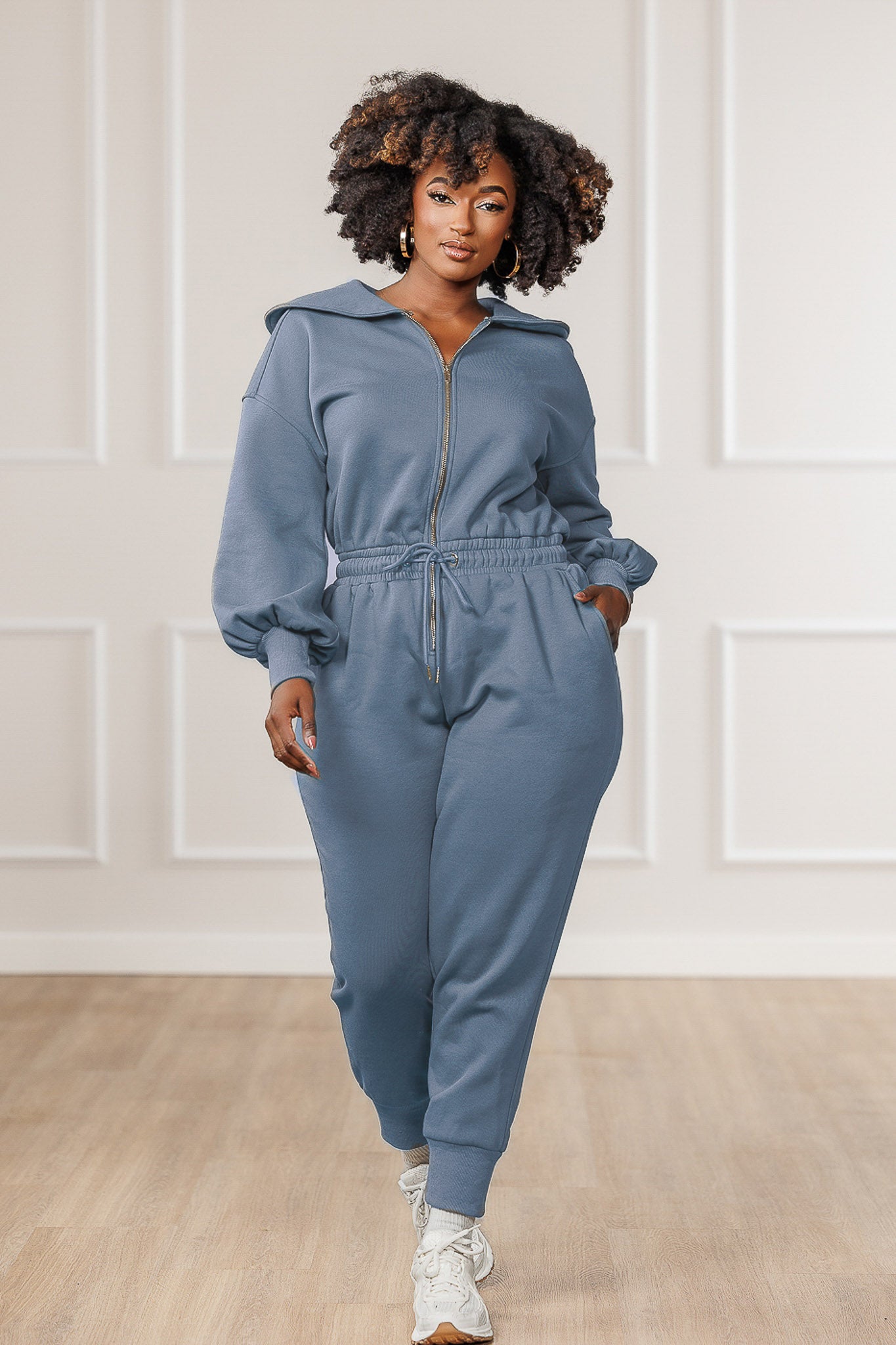 Sutton Fleece Puffed Sleeve Jumpsuit - Steel Blue