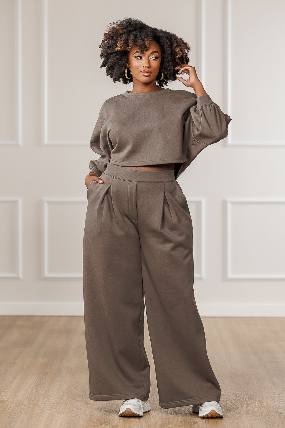 Ameira Fleece Pleated Wide Pants - Mink