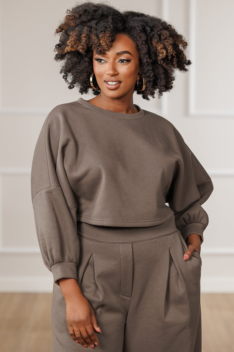 Stellan Fleece Dropped Shoulder Crop Top - Mink