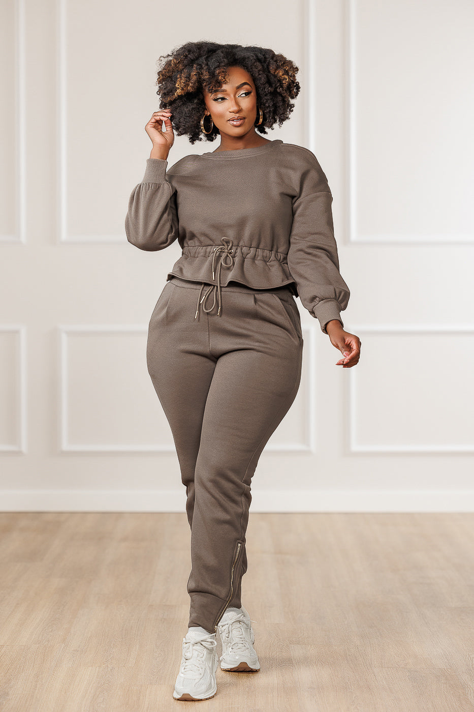 Calia Fleece Cold Shoulder Peplum Top - Mink