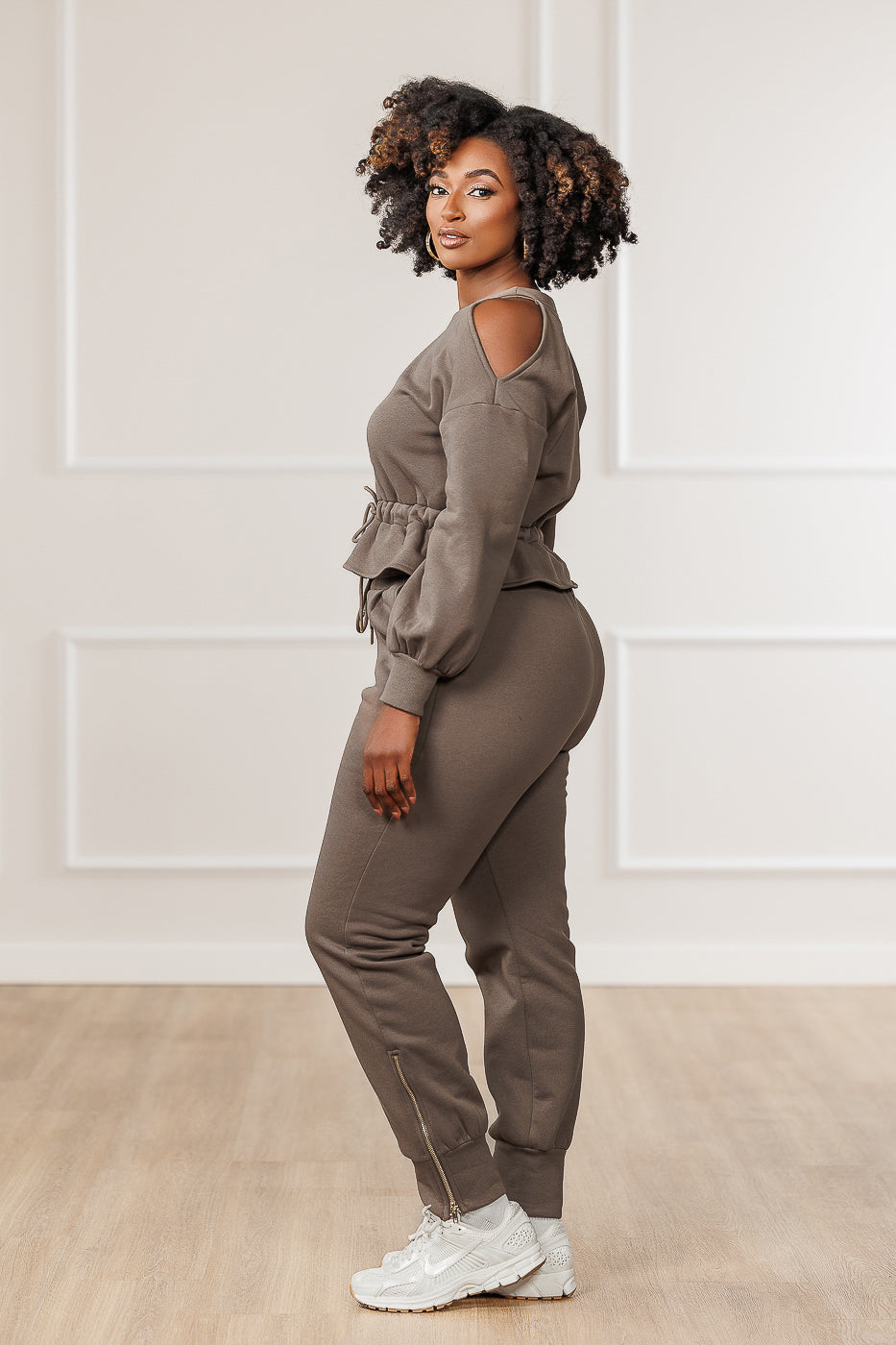 Calia Fleece Cold Shoulder Peplum Top - Mink