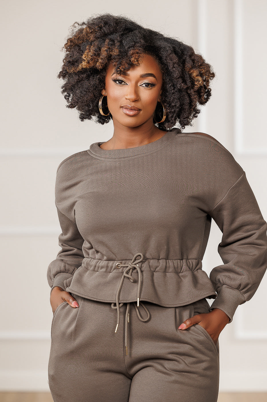Calia Fleece Cold Shoulder Peplum Top - Mink