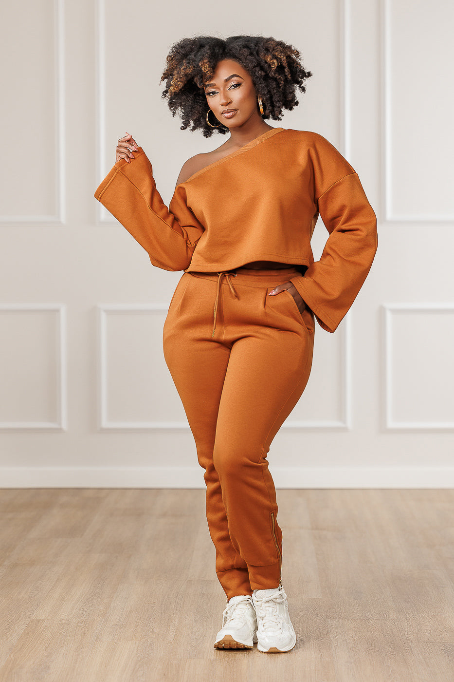 Raya Fleece Off Shoulder Asymmetric Top - Cognac