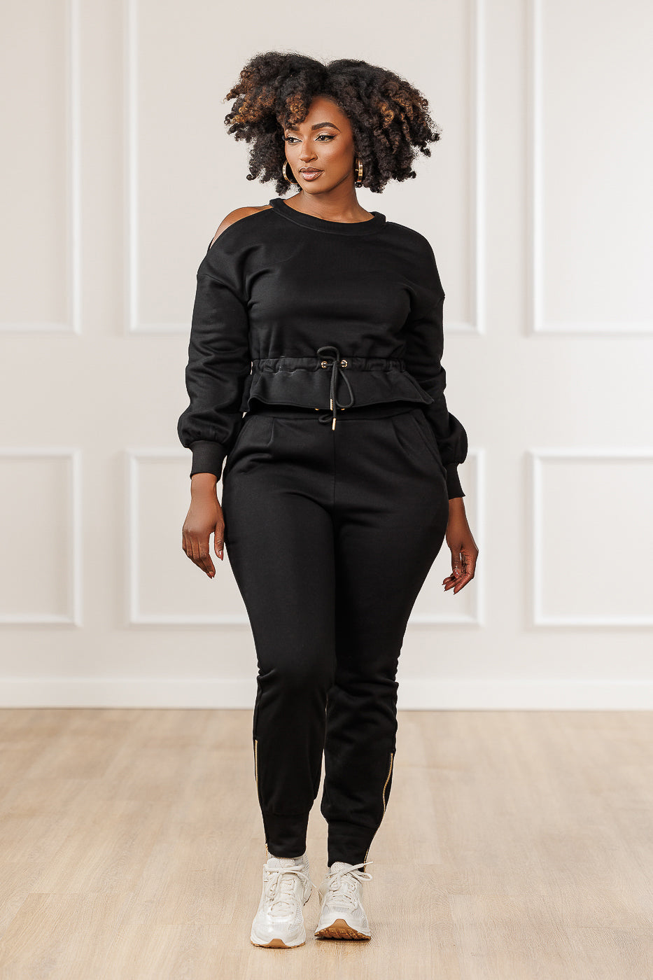 Calia Fleece Cold Shoulder Peplum Top - Black