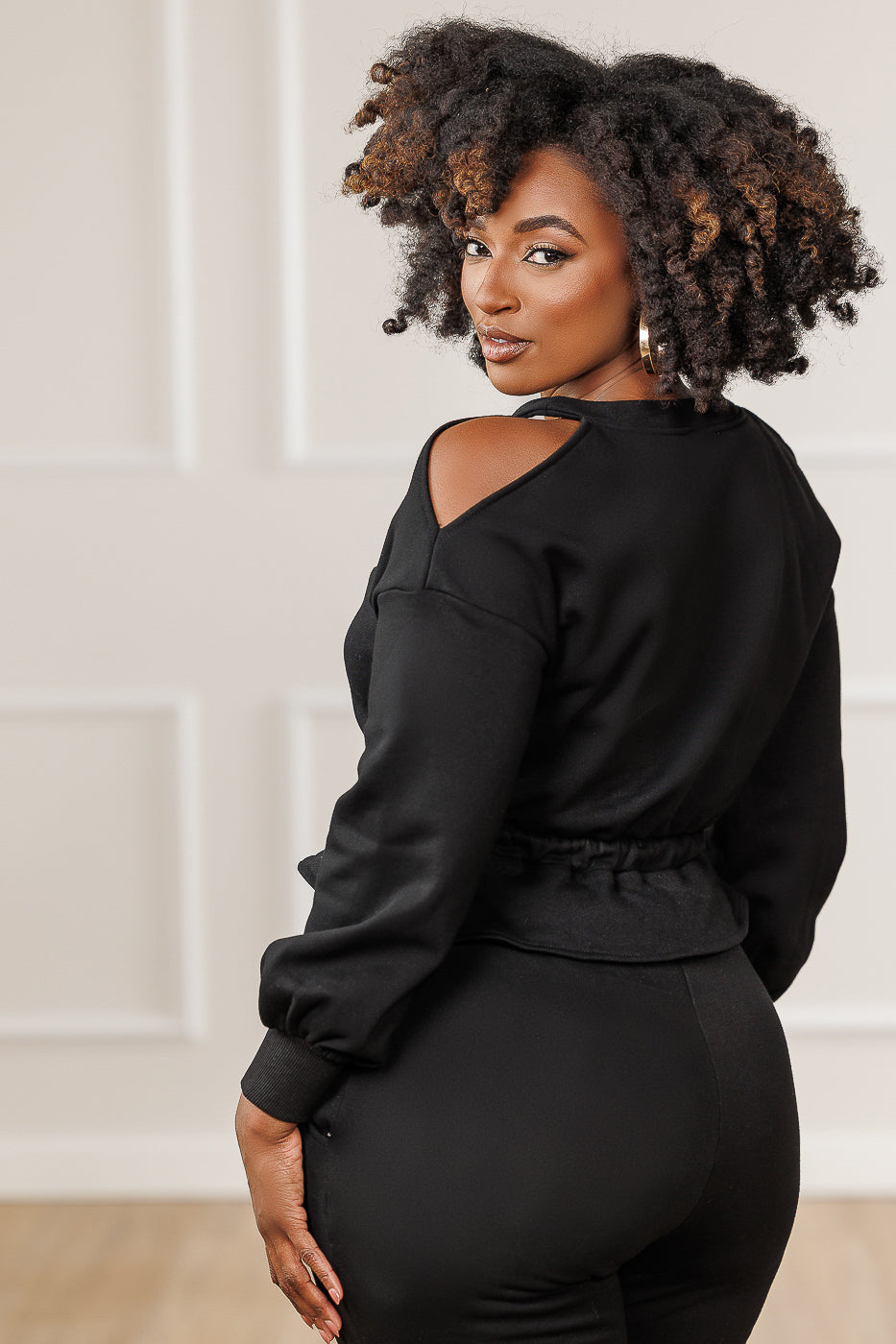 Calia Fleece Cold Shoulder Peplum Top - Black