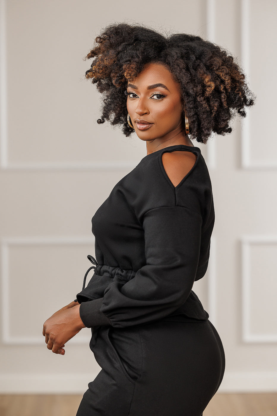 Calia Fleece Cold Shoulder Peplum Top - Black