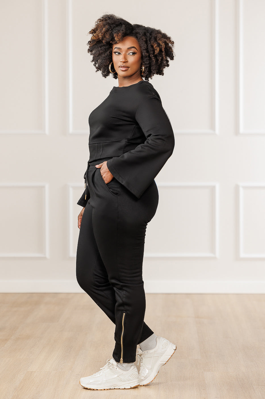 Bexley Fleece Button Sleeve Crop Top - Black