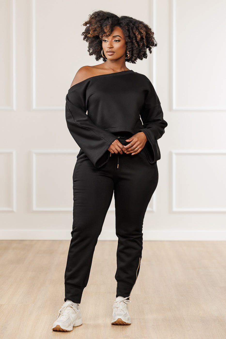 Raya Fleece Off Shoulder Asymmetric Top - Black