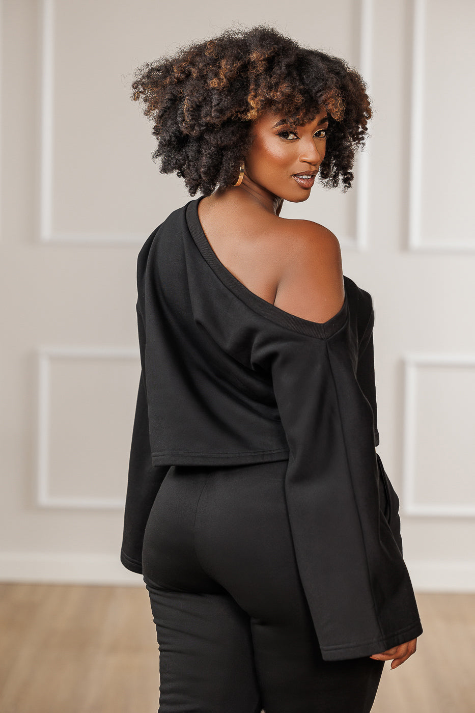 Raya Fleece Off Shoulder Asymmetric Top - Black