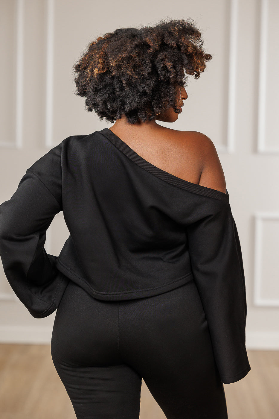 Raya Fleece Off Shoulder Asymmetric Top - Black