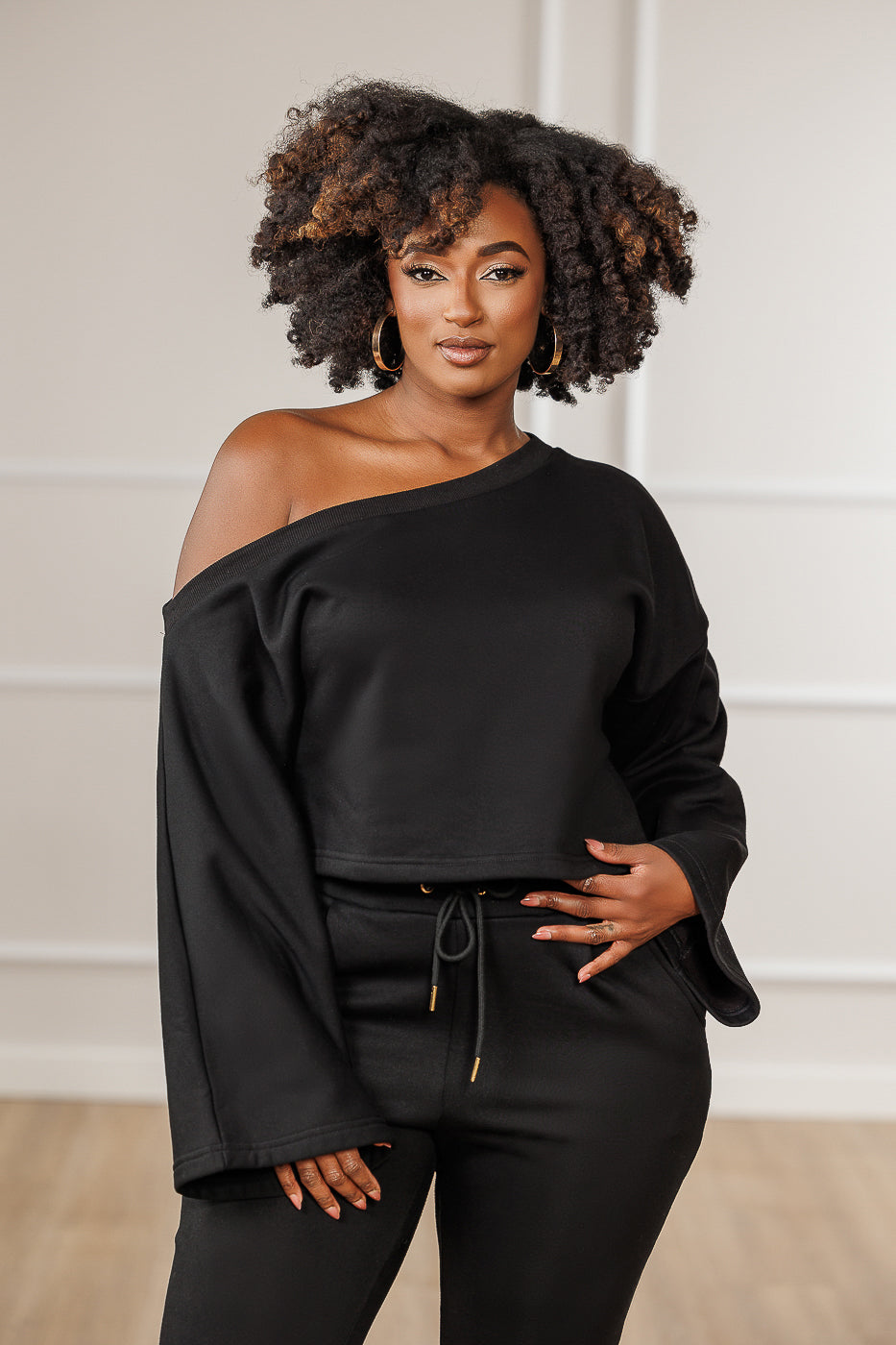 Raya Fleece Off Shoulder Asymmetric Top - Black