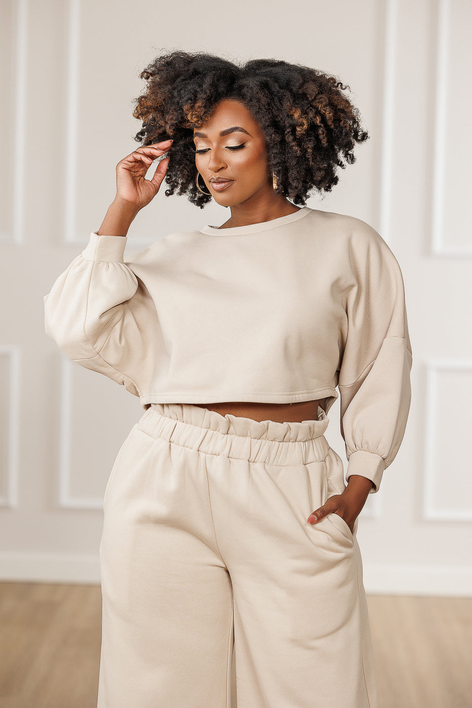Stellan Fleece Dropped Shoulder Crop Top - Cream