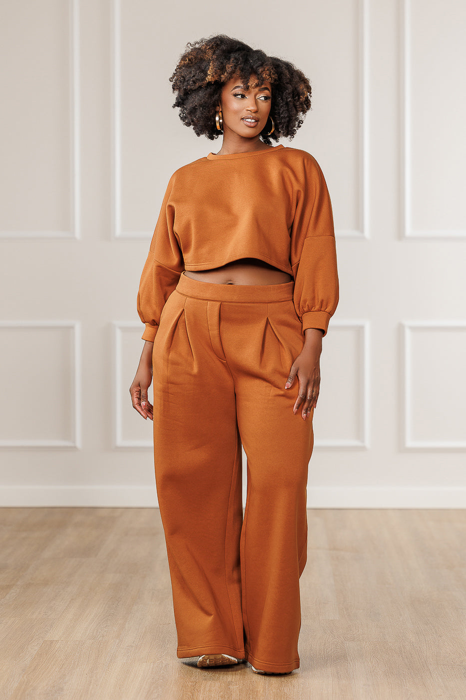 Ameira Fleece Pleated Wide Pants - Cognac