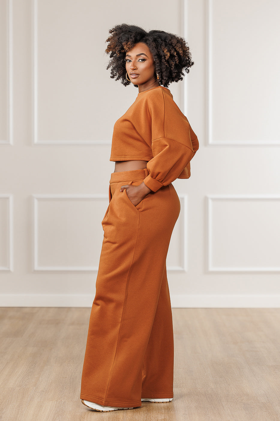 Ameira Fleece Pleated Wide Pants - Cognac