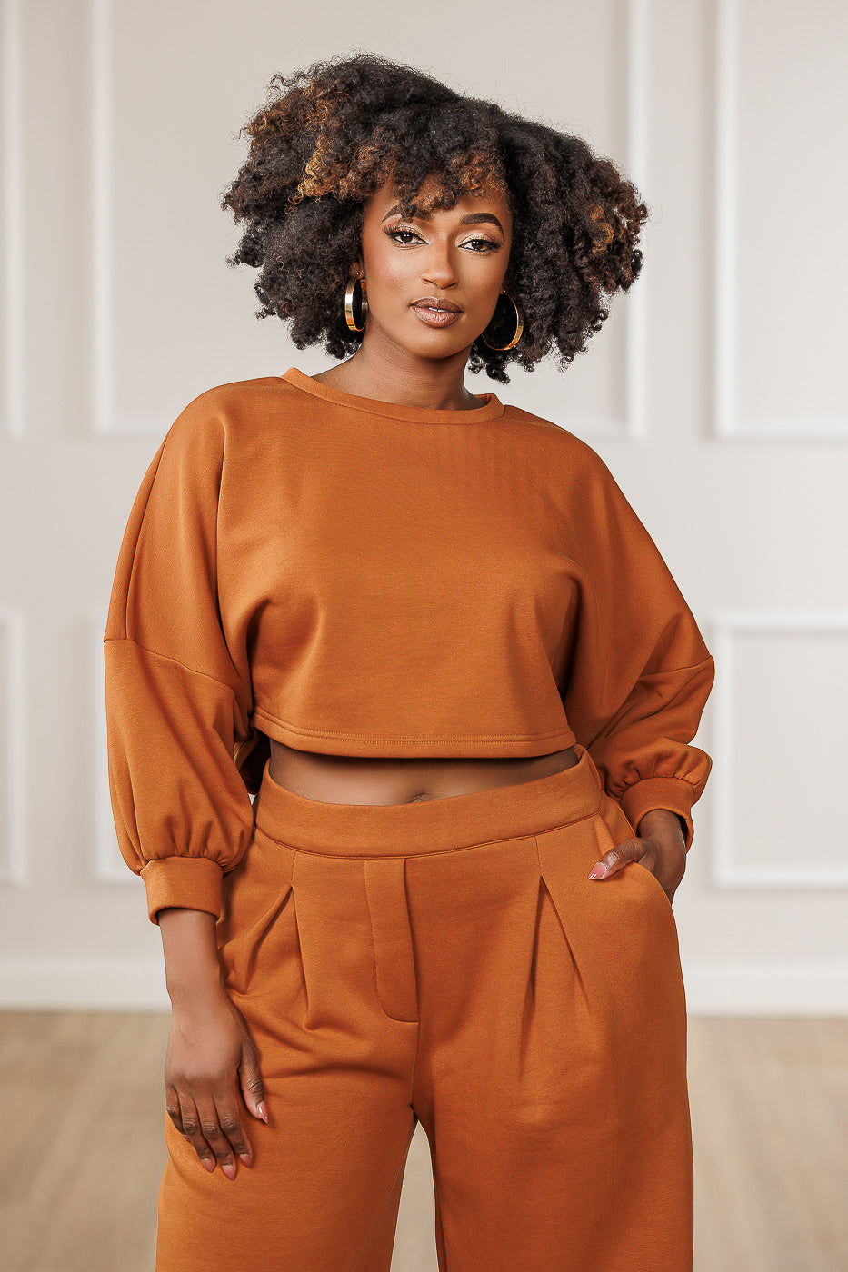 Stellan Fleece Dropped Shoulder Crop Top - Cognac