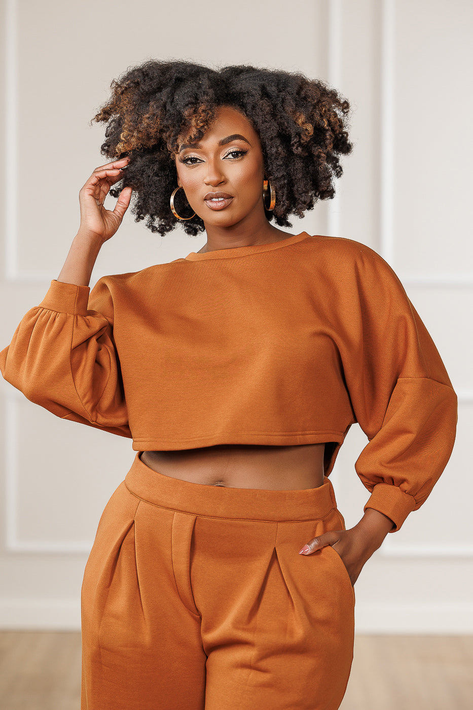 Stellan Fleece Dropped Shoulder Crop Top - Cognac
