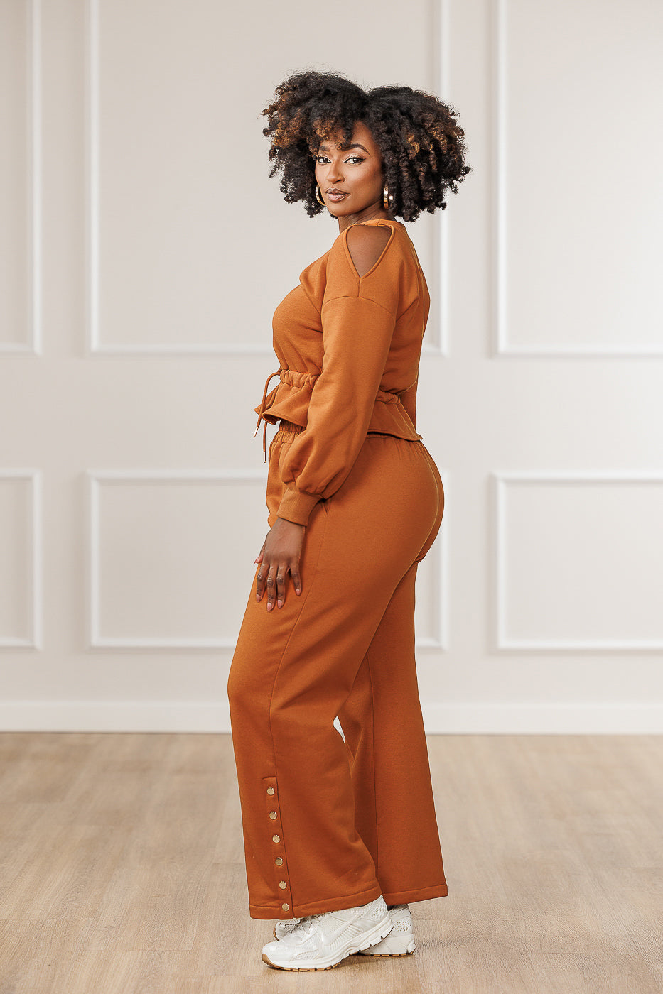 Calia Fleece Cold Shoulder Peplum Top - Cognac