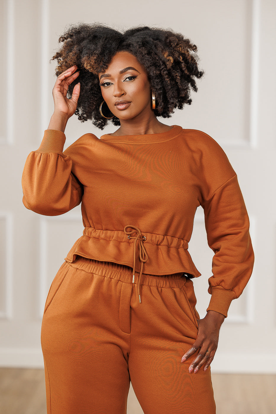 Calia Fleece Cold Shoulder Peplum Top - Cognac