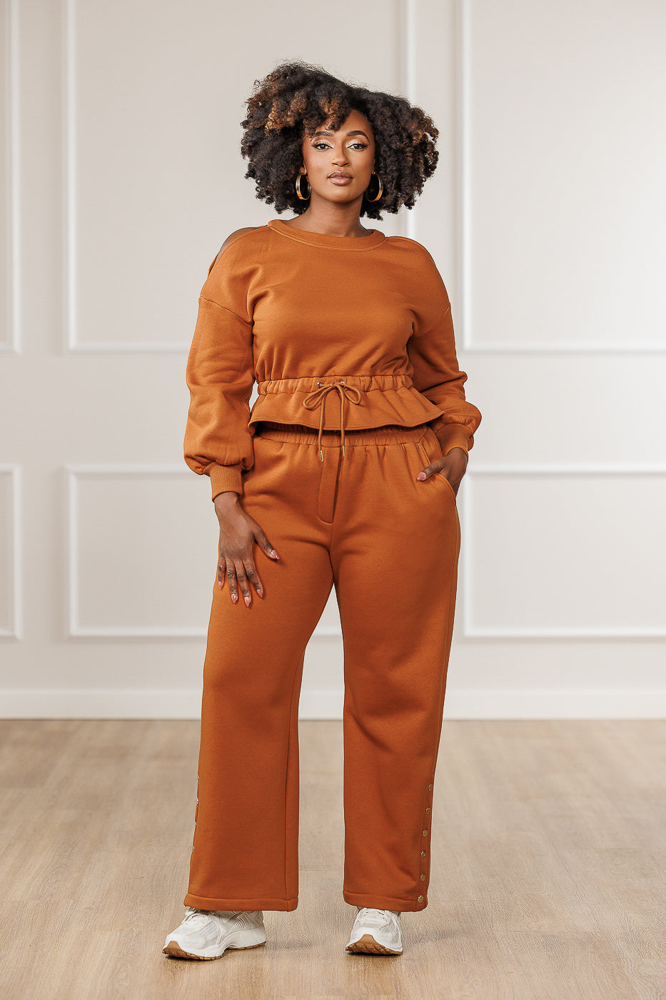 Calia Fleece Cold Shoulder Peplum Top - Cognac