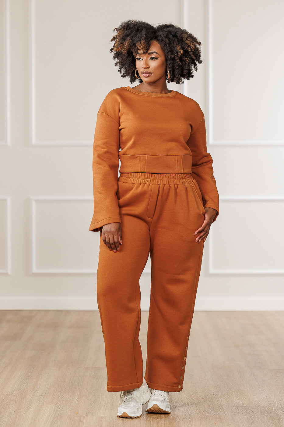 Bexley Fleece Button Sleeve Crop Top - Cognac