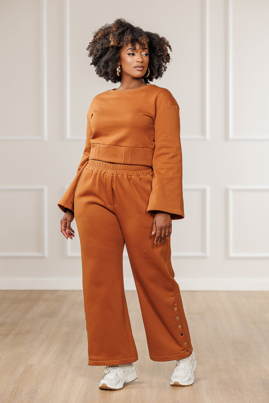 Bexley Fleece Button Sleeve Crop Top - Cognac