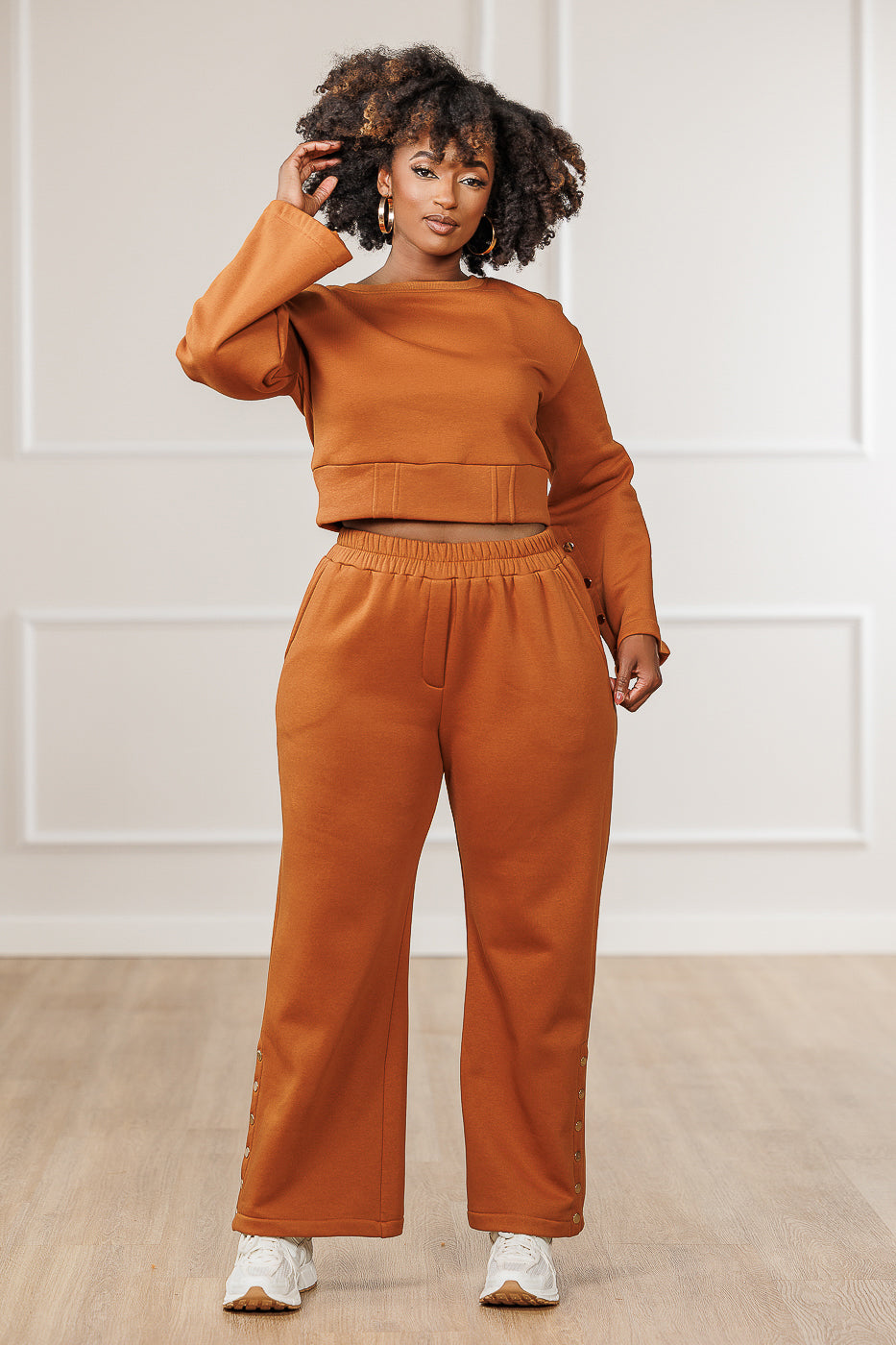 Bexley Fleece Button Sleeve Crop Top - Cognac