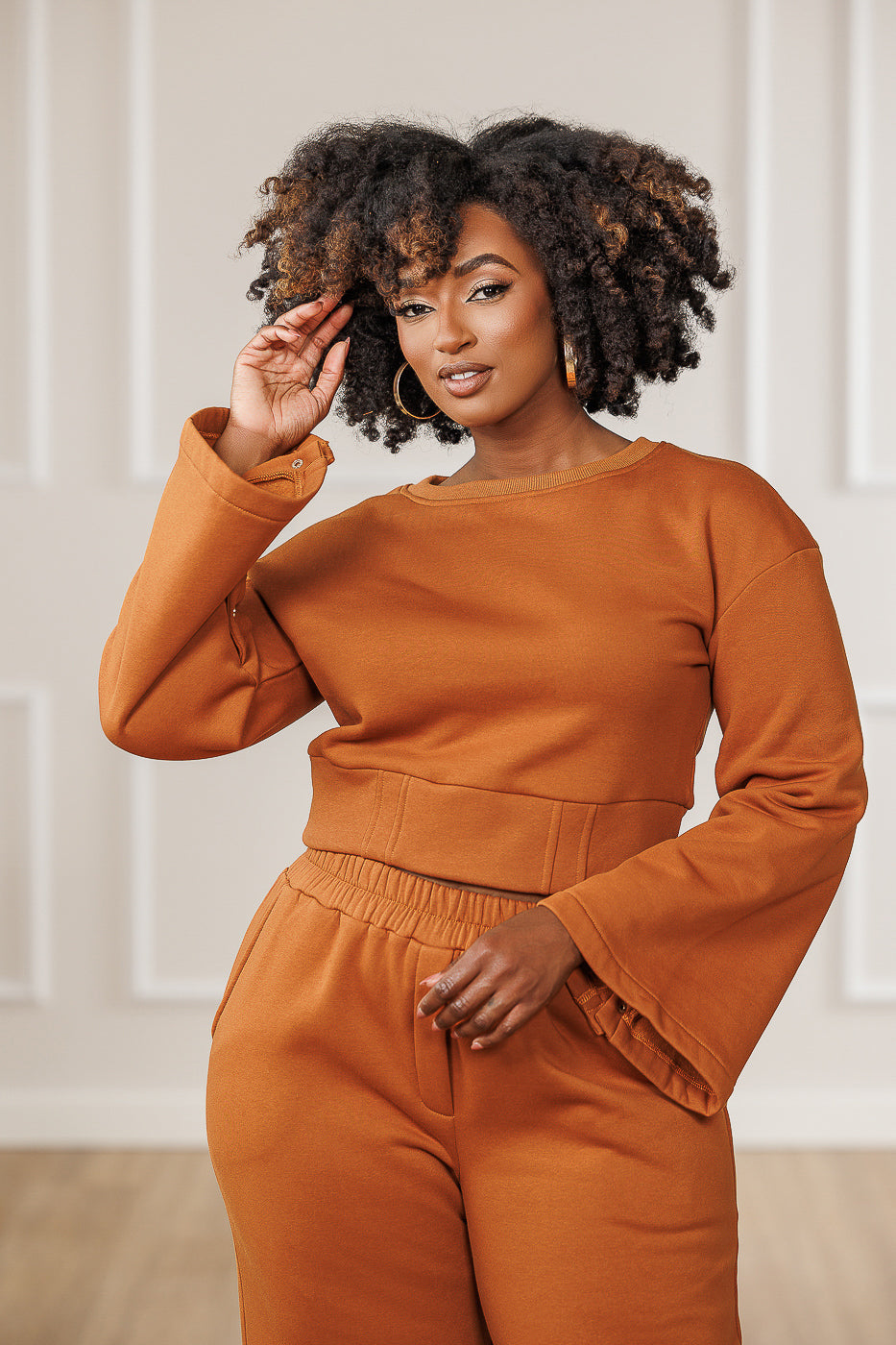 Bexley Fleece Button Sleeve Crop Top - Cognac