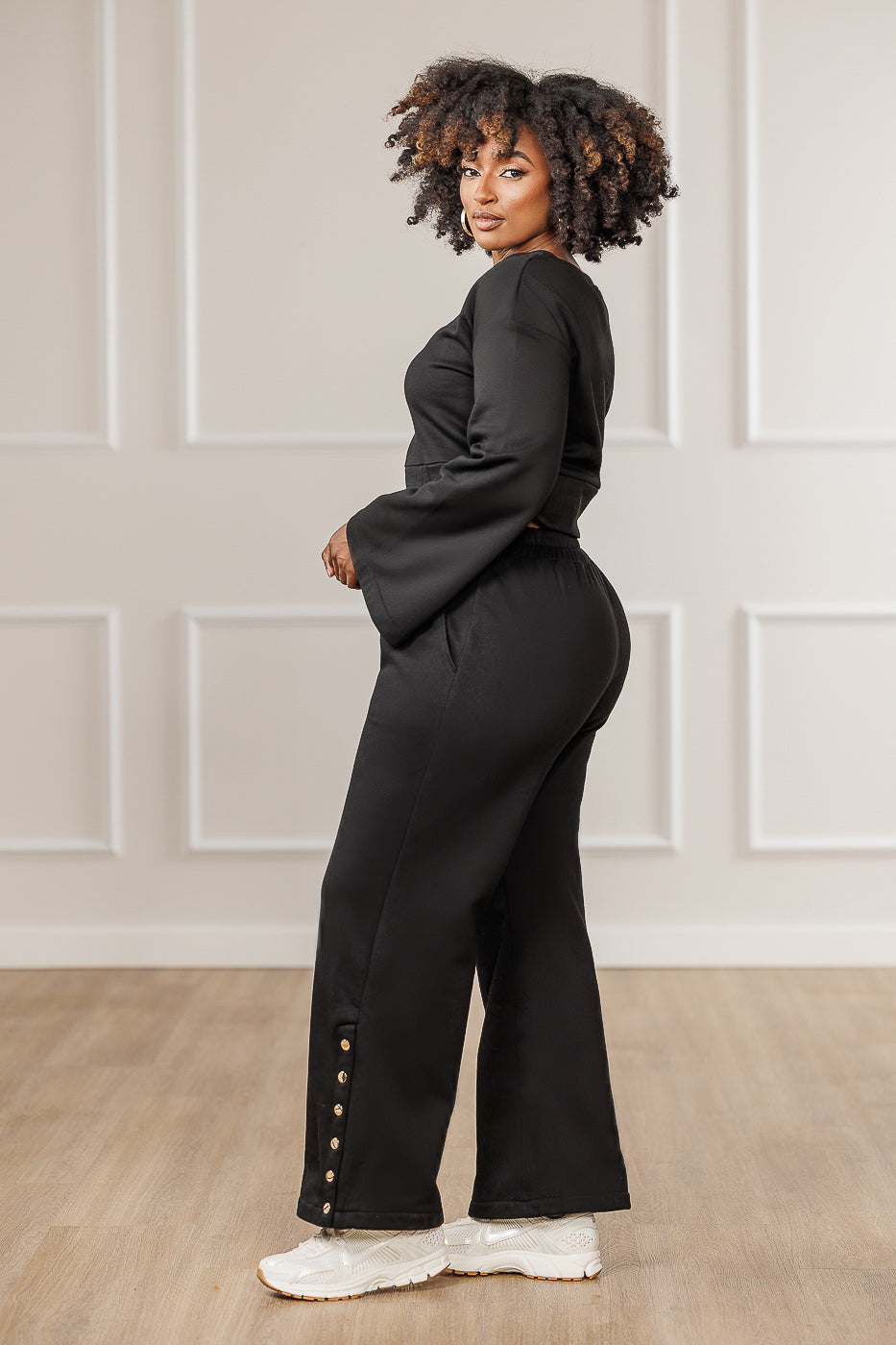 Leila Wide Side Snaps Pants - Black