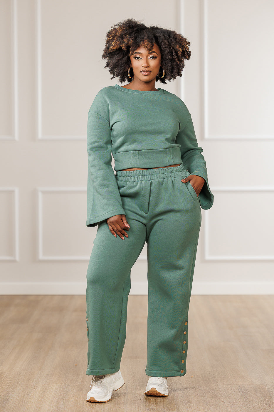 Bexley Fleece Button Sleeve Crop Top - Teal