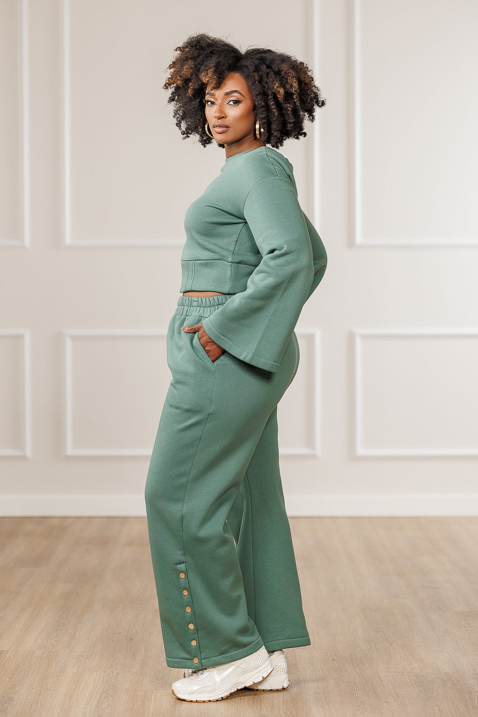 Bexley Fleece Button Sleeve Crop Top - Teal