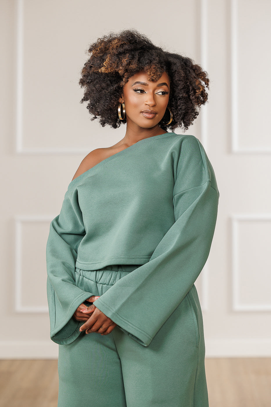 Raya Fleece Off Shoulder Asymmetric Top - Teal