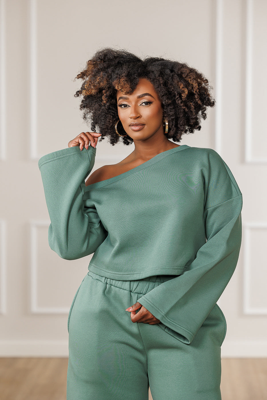 Raya Fleece Off Shoulder Asymmetric Top - Teal