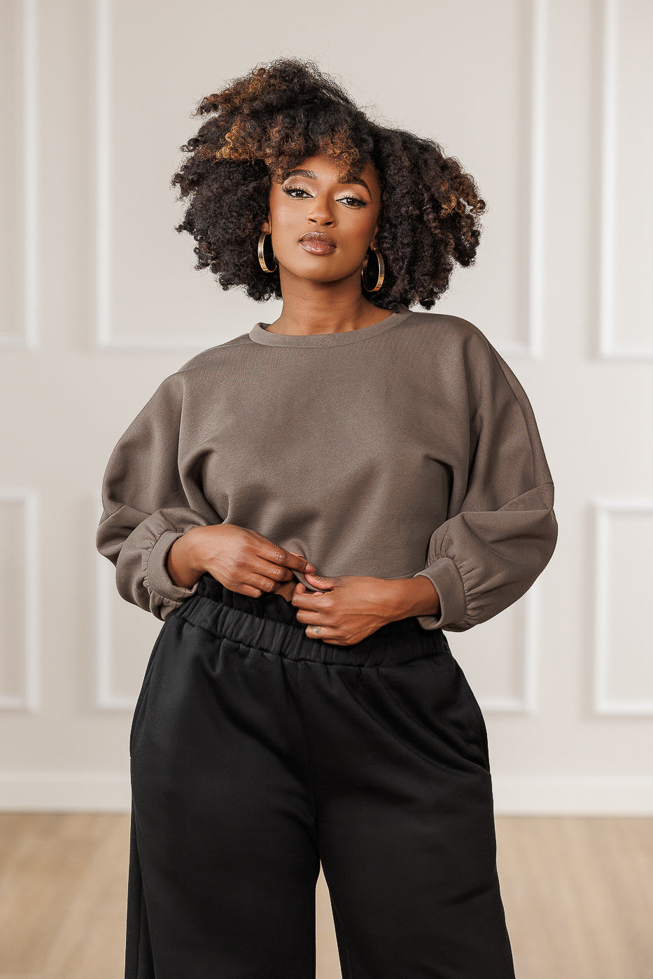 Stellan Fleece Dropped Shoulder Crop Top - Mink
