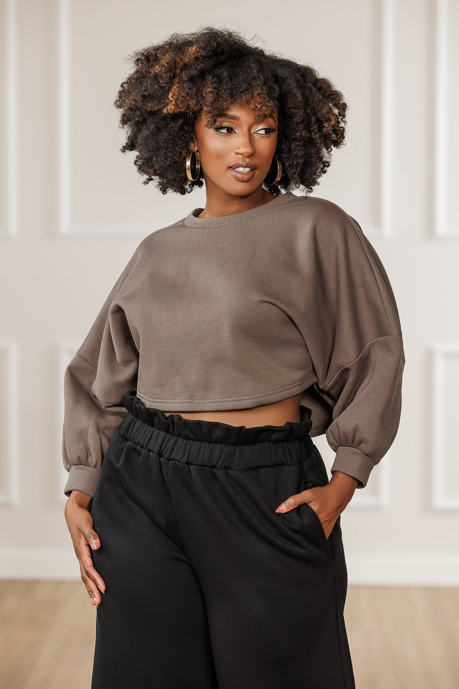 Stellan Fleece Dropped Shoulder Crop Top - Mink