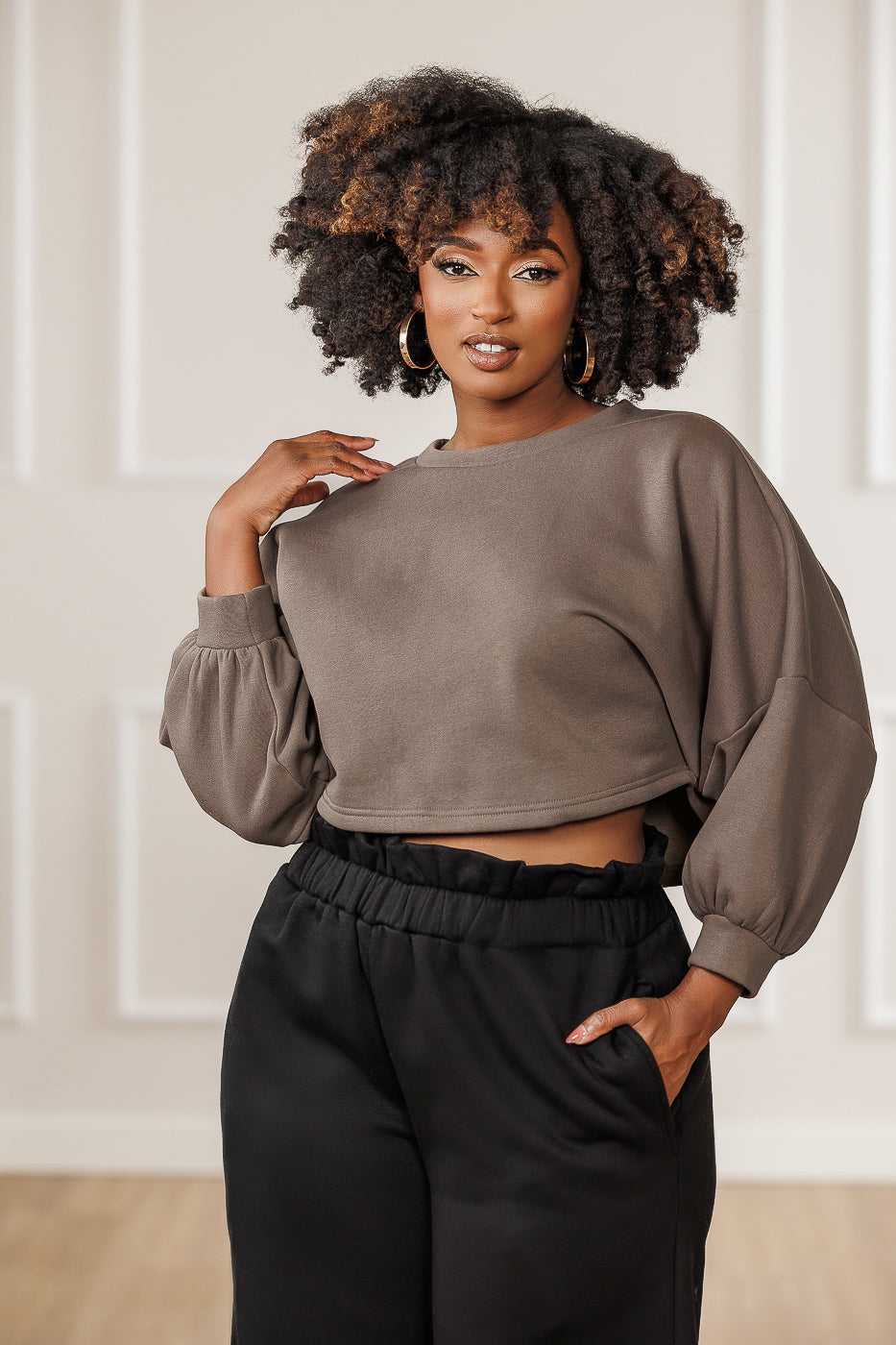 Stellan Fleece Dropped Shoulder Crop Top - Mink