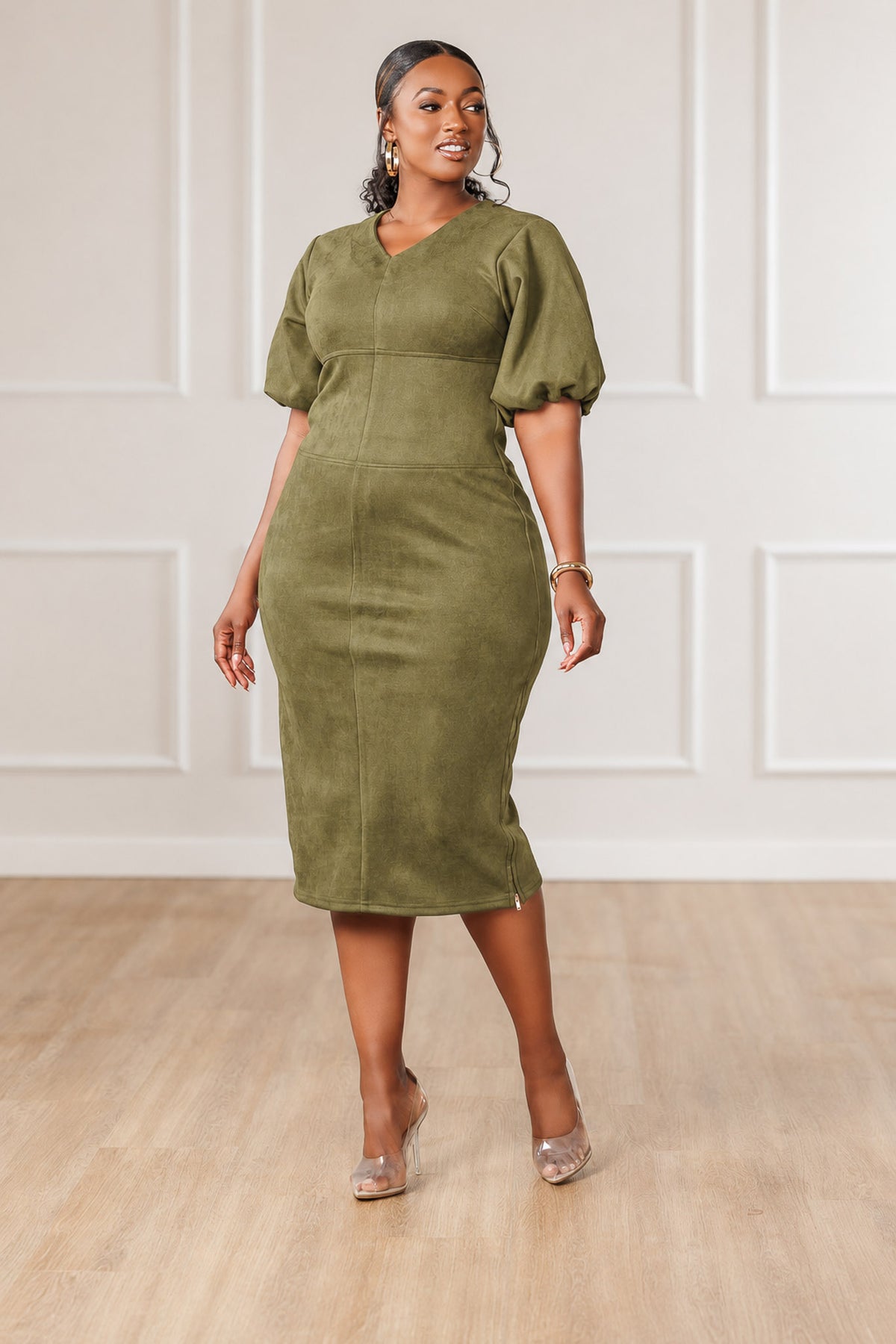Javanna Suede Midi Dress - Olive