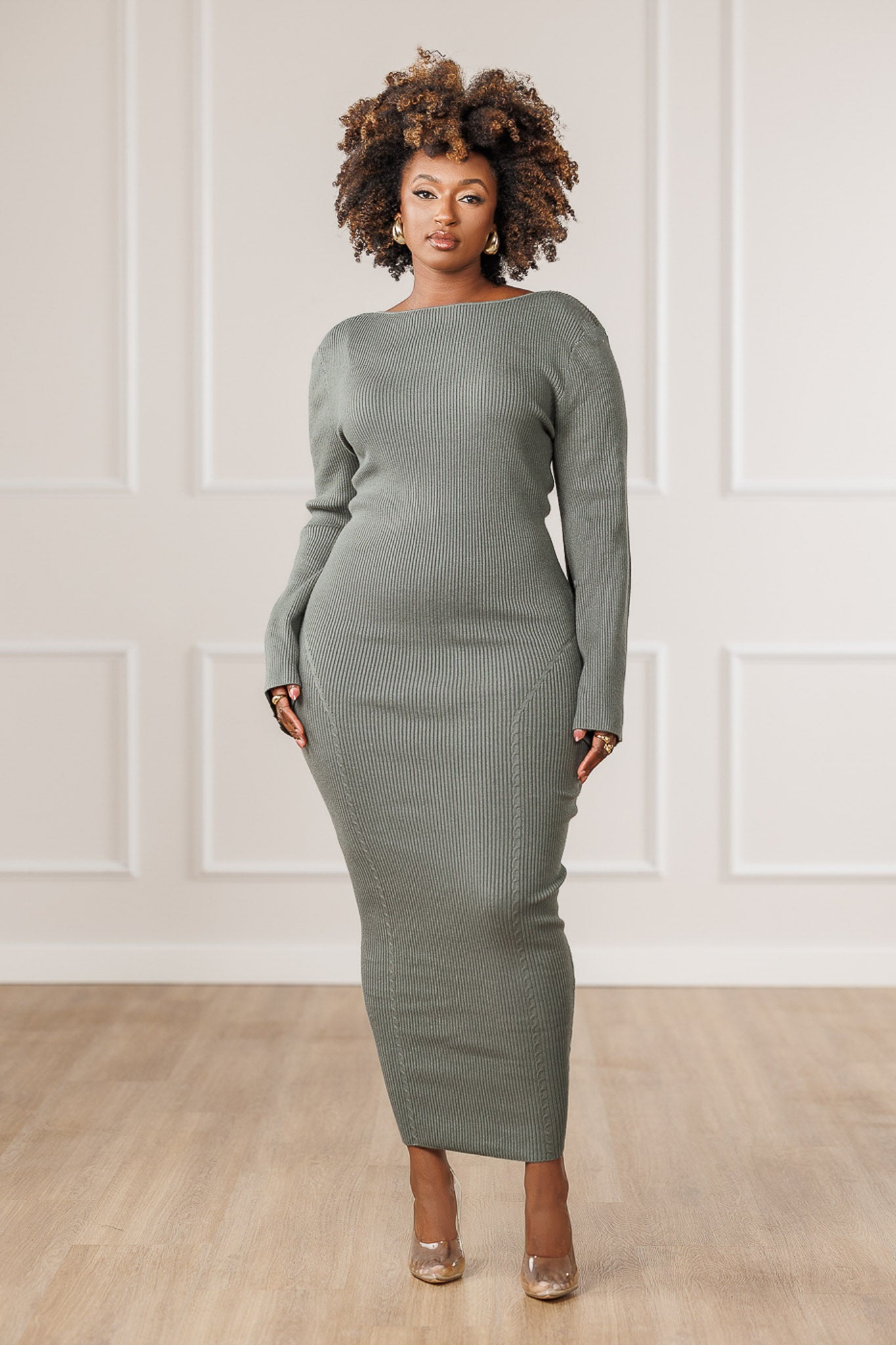 Eila Boat Neck Sweater Dress - Sage