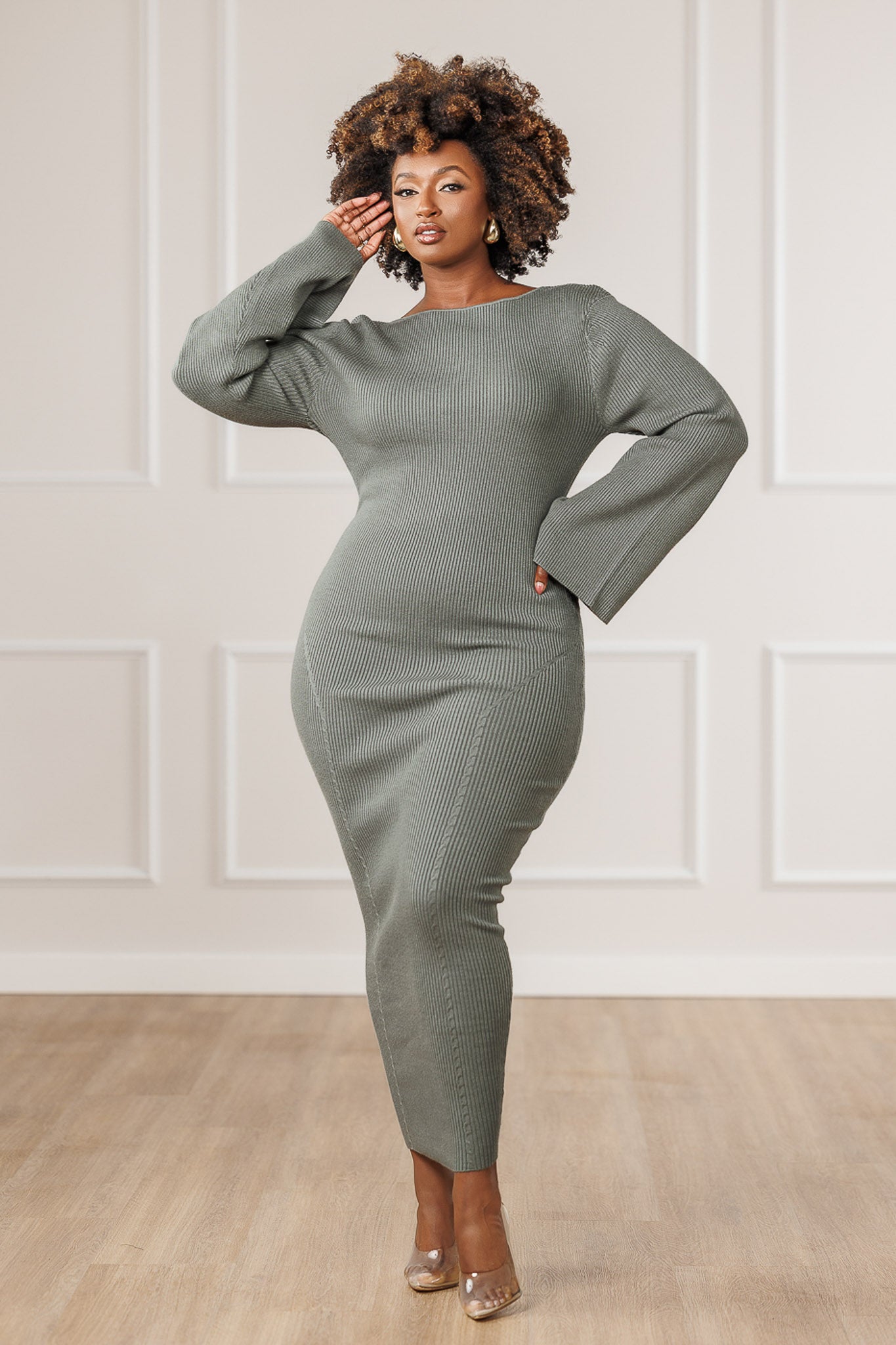 Eila Boat Neck Sweater Dress - Sage