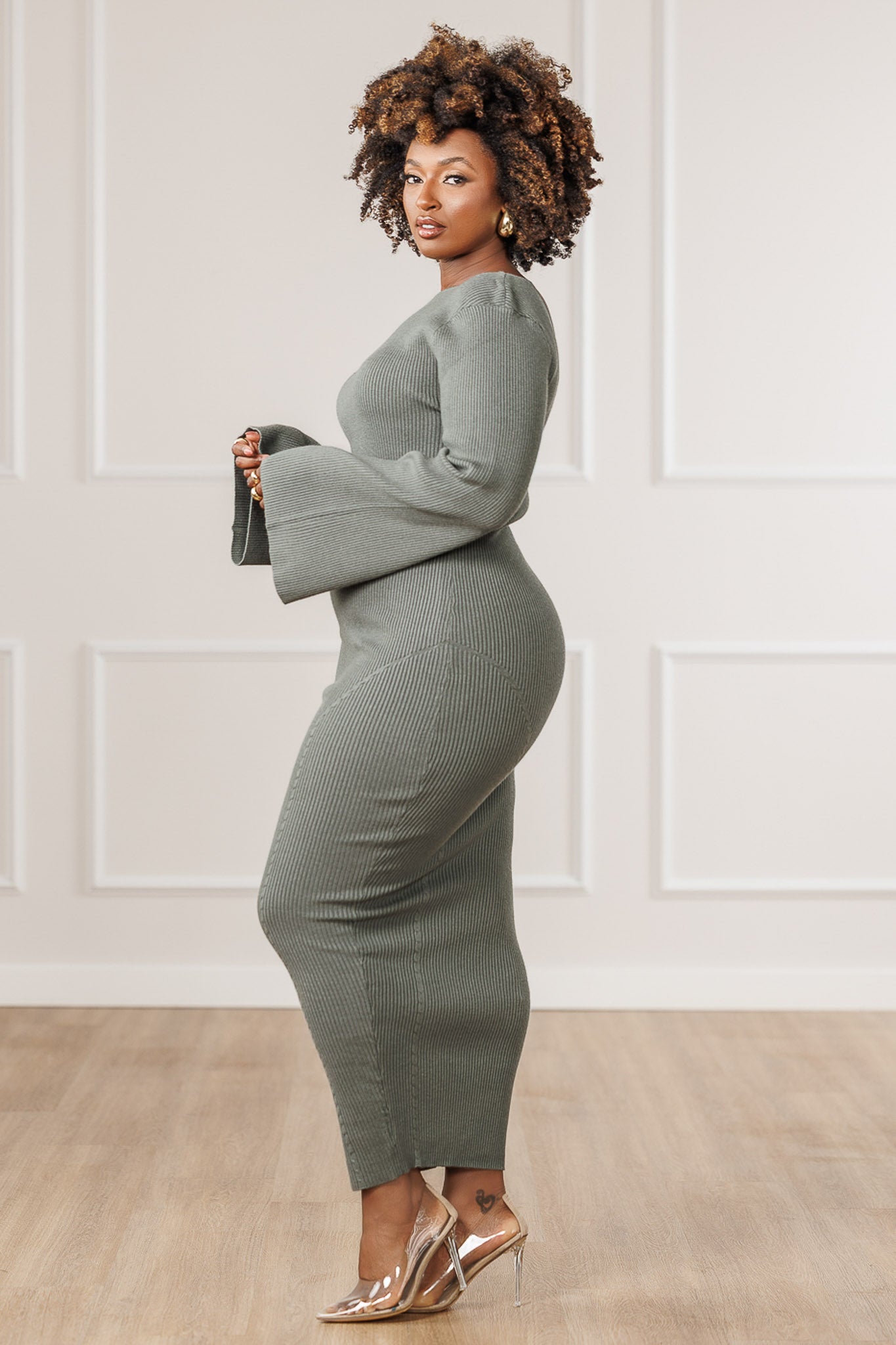 Eila Boat Neck Sweater Dress - Sage