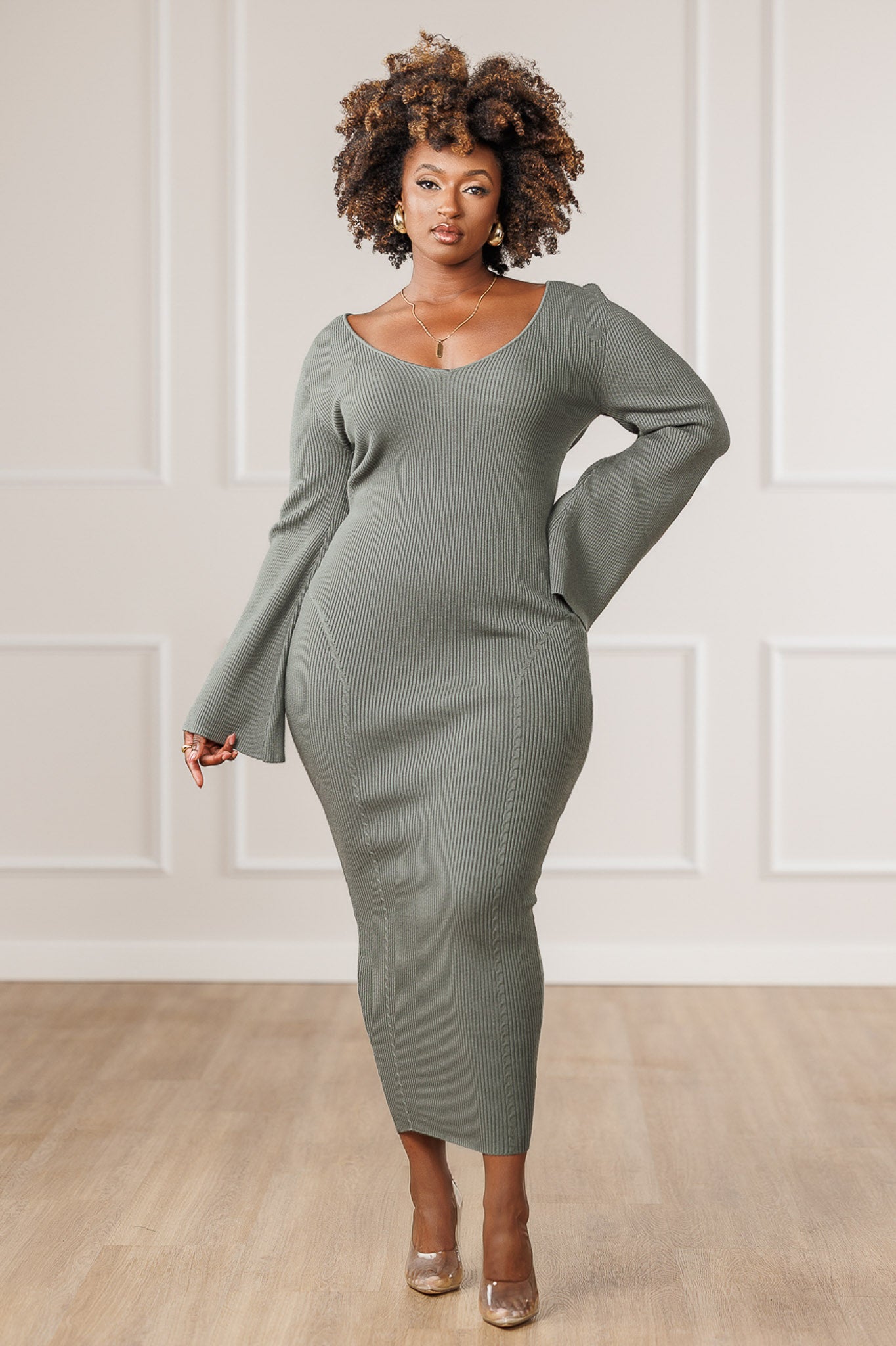 Eila Boat Neck Sweater Dress - Sage