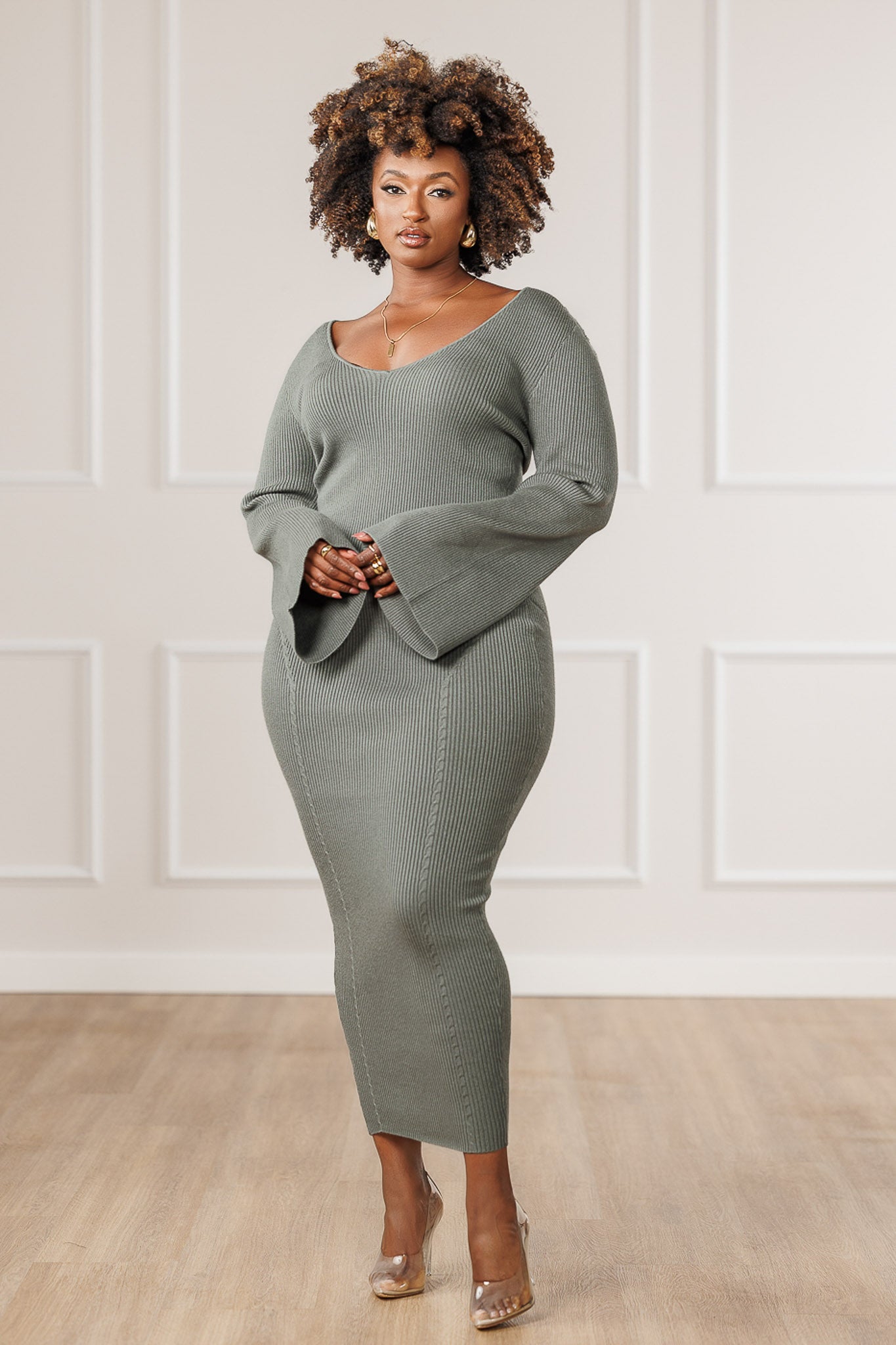 Eila Boat Neck Sweater Dress - Sage