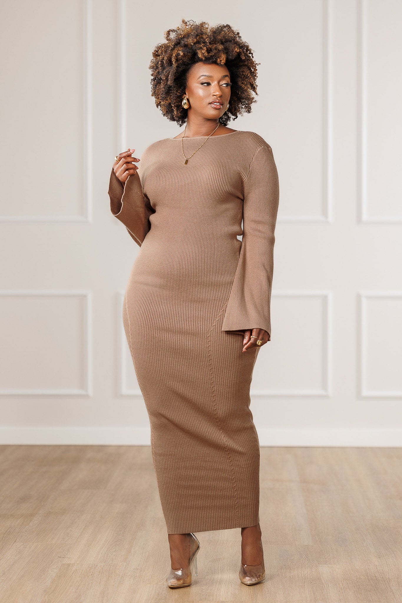 Eila Boat Neck Sweater Dress - Beige
